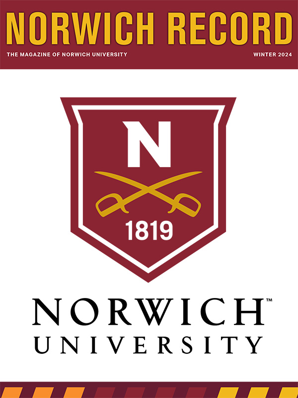 The Norwich Record Winter 2024 Issue - image of the new Norwich Logo Red Shield with crossed sabers