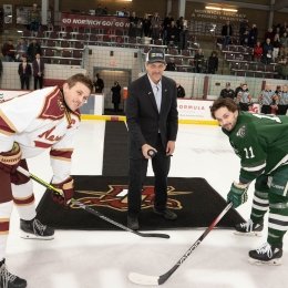 Vermont Lieutenant Governor John Rodgers honored by conducting a ceremonial puck drop during the men’s hockey intrastate rivalry game between the Norwich University Cadets and visiting Vermont State University – Castleton Spartans. 