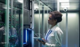 cybersecurity professional works on a tablet in a data center