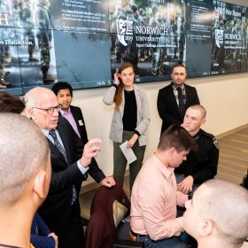 Senator Welch and Norwich University students at the exercise in using AI to respond to humanitarian disasters.