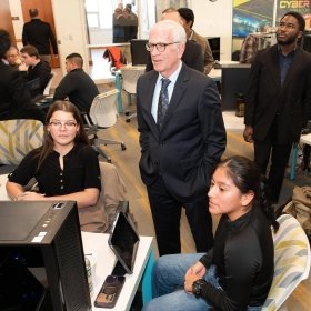 Vermont Sen. Peter Welch, Norwich University students, and NUARI representatives in the Norwich University Cyber War Room for the Humanitarian Disaster Response Initiative