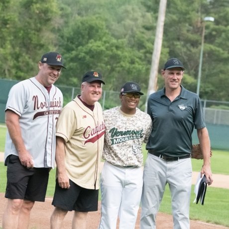 Lieutenant General John Broadmeadow ‘83, USMC (Retired), and Ed Hockenbury took to the mound for the ceremonial first pitch of the game at The Vermont Mountaineers.