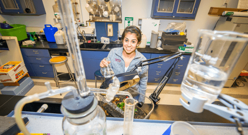 Norwich student surrounded by lab.