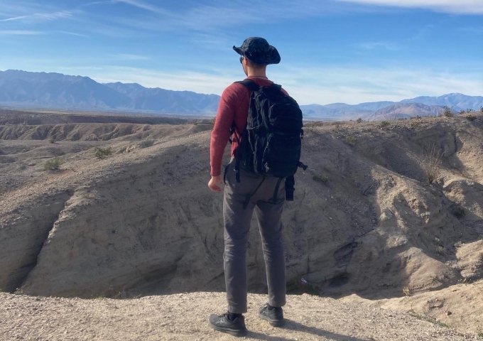 Braeden Krzenski looking out on a Californian landscape on school trip.