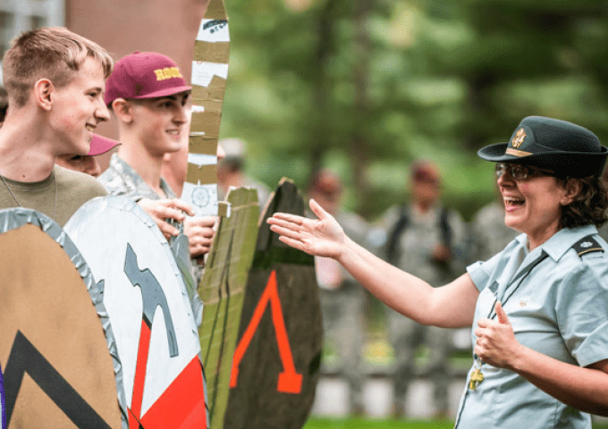 Hoplite battle with history class on the UP shows students with swords and shields that they made out of cardboard.