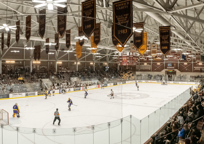 View of hockey game at Kreitzberg Arena.