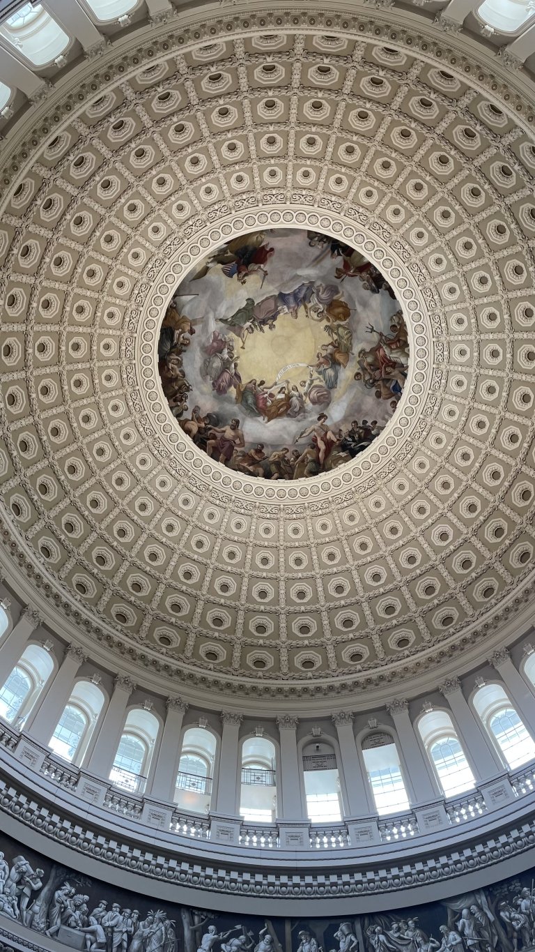 Looking up at the rotunda inside the Capitol Building.