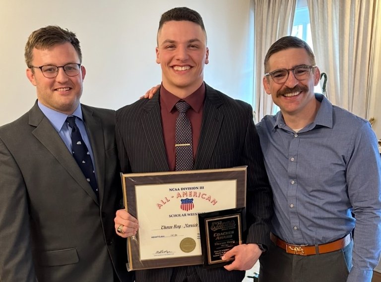 L-R) Alex Whitney (head men’s wrestling coach), Thoren, Connor Keating (head women’s wrestling coach / assistant men’s wrestling coach) after receiving his scholar all American award (note: wrestling’s version of Academic All-American)